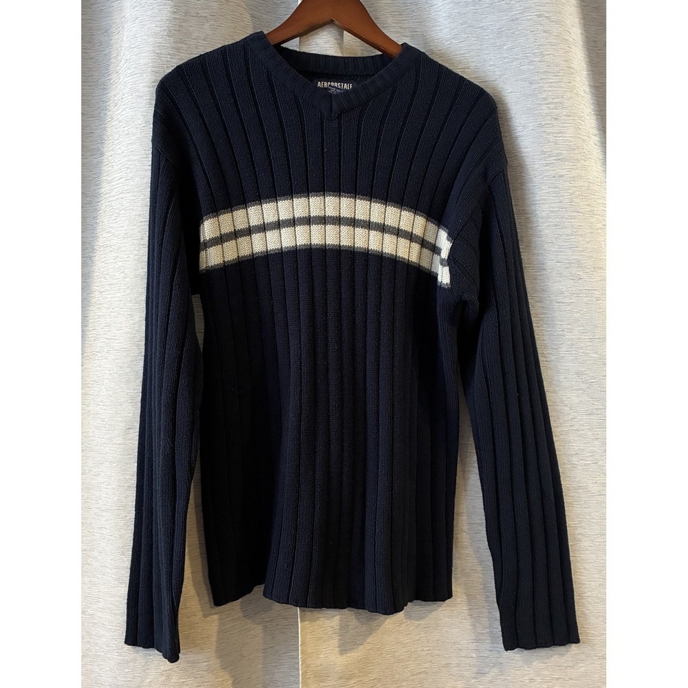 VTG Aeropostale Men's Ribbed Striped V Neck Sweater Navy Size Medium Y2K